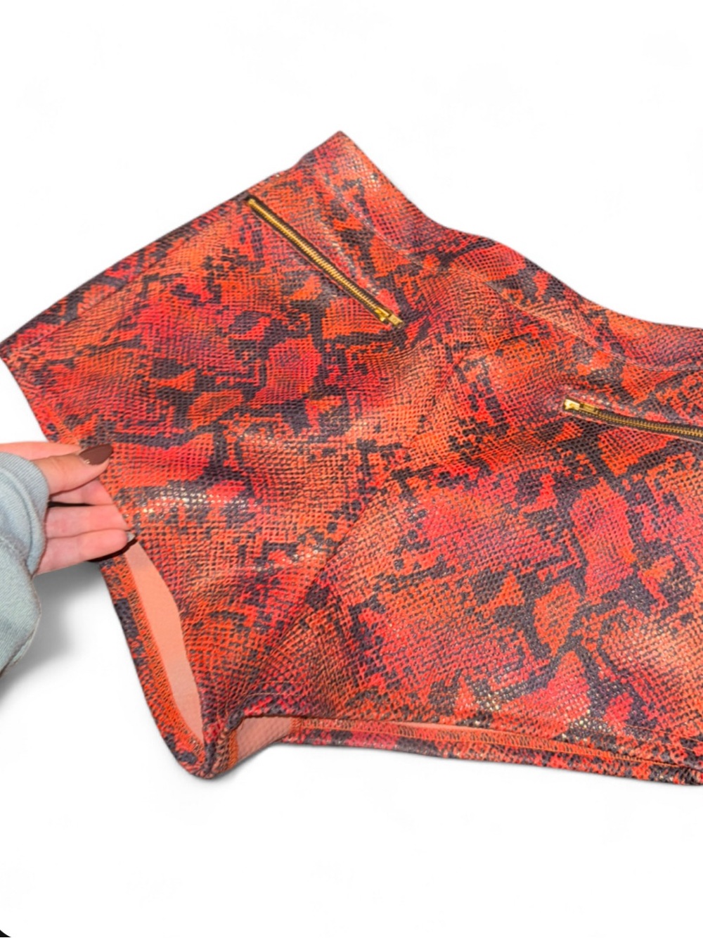 High-Waist Leather Red Snake-Print Shorts with Back Zip